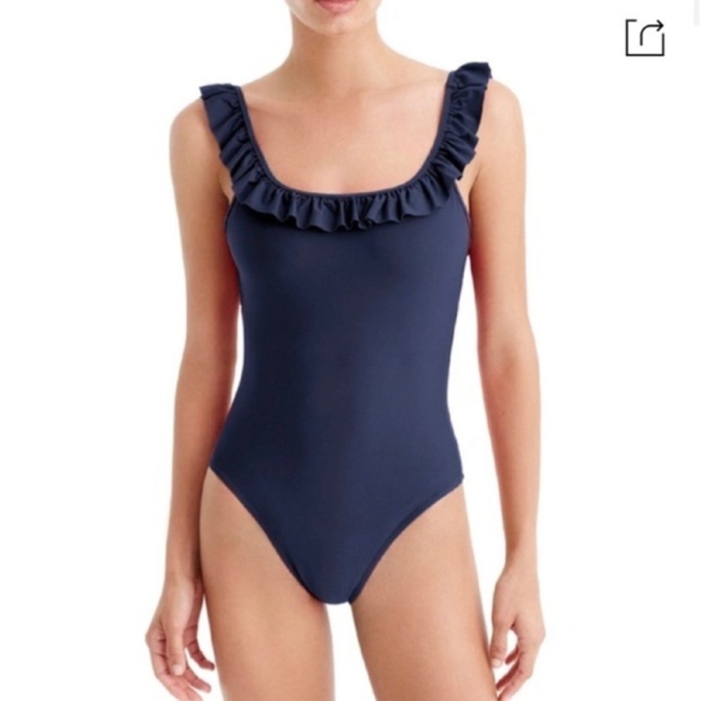J. Crew sz 10 navy blue scoopback ruffle one-piece full bottom coverage swimsuit